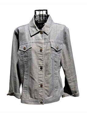 CHICO'S Platinum Long Sleeve Metallic Denim Jacket with Gold LOGO Buttons SZ LG